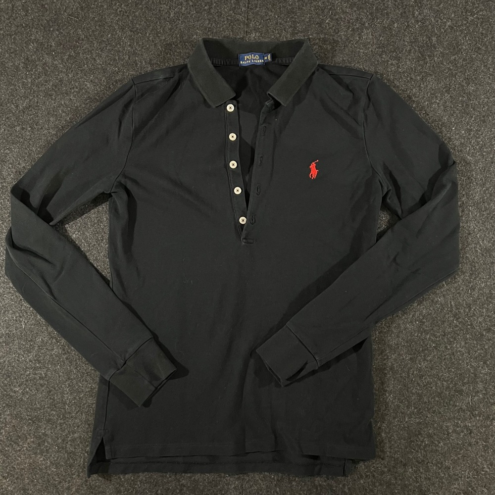 Polo Ralph Lauren Long Sleeve Polo Womens Medium Black Red Pony Logo Classic - Picture 2 of 7